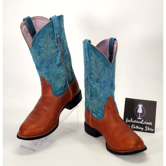 Ariat Women's Blue and Brown Leather Cowgirl Embroidered Wester Boots Sz 7B 1552 - Picture 2 of 15